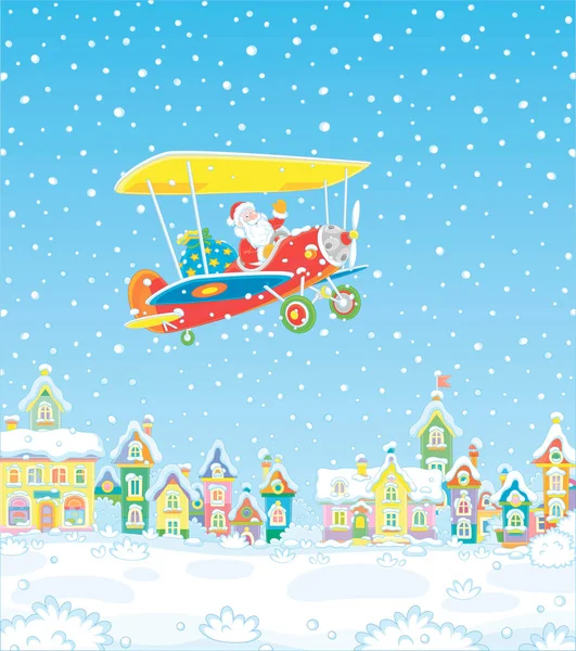 Зимний Фон Санта Клаусом Летящим Красочном Самолете Над Довольно Маленьким — стоковый вектор