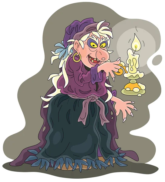 燃える魔法のろうそくと魔女を練習怒っている魔女 白い背景に隔離されたベクトル漫画のイラスト — ストックベクタ