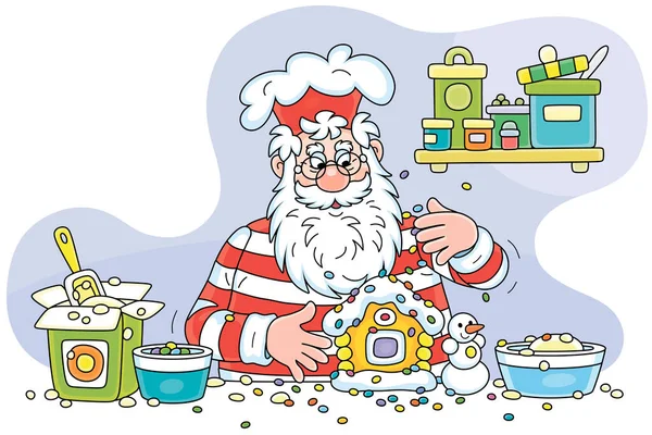 圣诞老人戴着一顶厨师帽 站在厨房的工作台旁 装饰着精美的圣诞姜饼 形似一座甜蜜的玩具屋 上面有白色的病媒卡通画 — 图库矢量图片