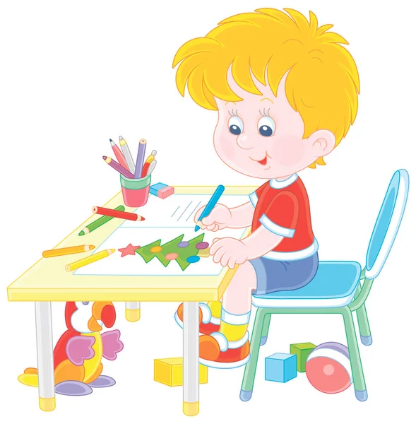 Mutlu küçük çocuk süslenmiş bir Noel ağacı çiziyor ve Noel Baba 'ya bir hediye listesi yazıyor. Beyaz arka planda izole edilmiş vektör karikatür çizimi.