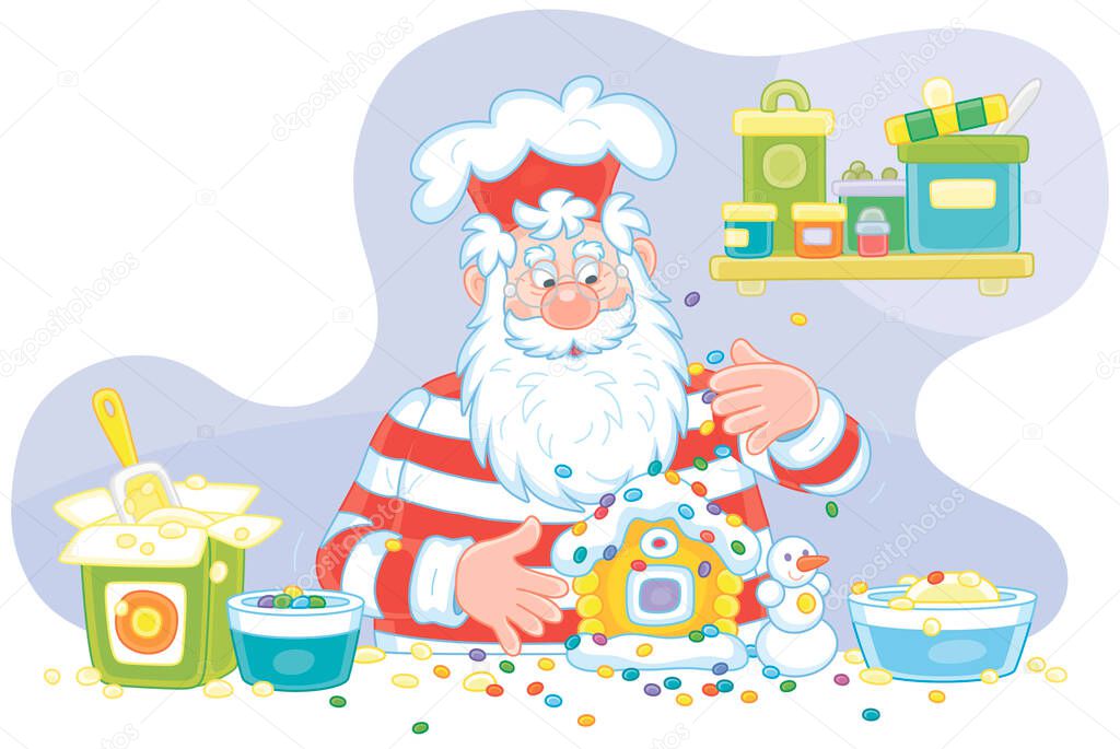 Santa Claus confectioner in a chef hat standing at his kitchen work table and decorating a fancy Christmas gingerbread in a form of a sweet toy house, vector cartoon illustration isolated on white