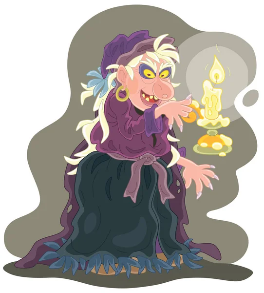 Angry Witch Practicing Witchcraft Burning Magical Candle Vector Cartoon Illustration — Stock Vector