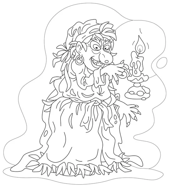 愤怒的女巫用燃烧的魔法蜡烛练习巫术 黑色和白色的矢量卡通画作为彩色书页 — 图库矢量图片