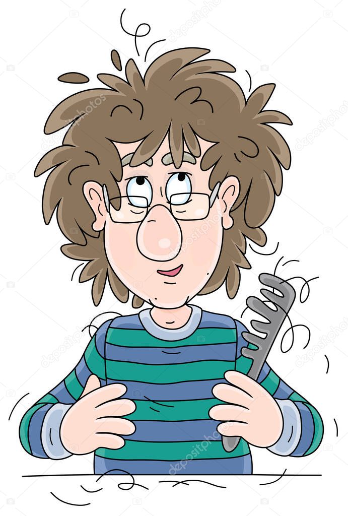 Funny shaggy man trying to comb his disheveled hair and making an original modern hairstyle, vector cartoon illustration isolated on a white background