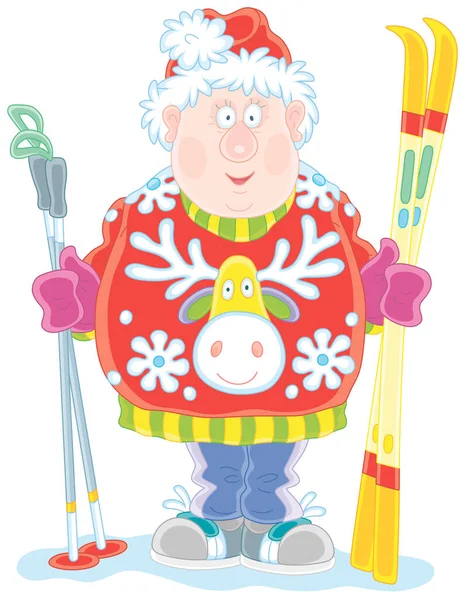 Забавный Спортсмен Лыжник Шляпе Санты Красочный Рождественский Свитер Держащий Лыжи — стоковый вектор