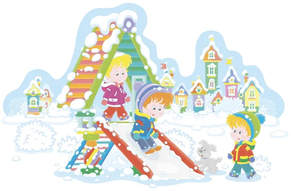 Merry Little Children Playing Colorful Toy Slide Snow Covered Playground — Stock vektor