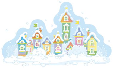 Soğuk ve karlı bir kış gününde beyaz arka planda izole edilmiş vektör karikatür çizimleri olan oldukça küçük bir kasabada karla kaplı renkli oyuncak evler.