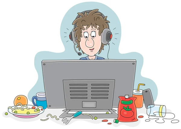 Funny Boy Gamer Big Headphones Playing Looking His Computer Monitor — Stock Vector