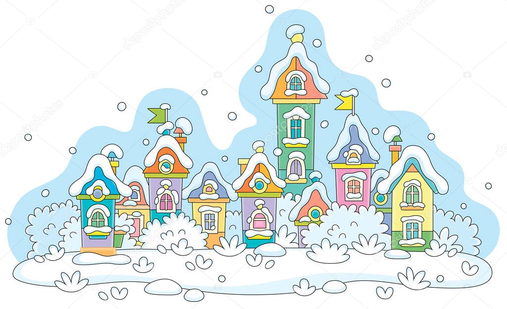 Colorful toy houses covered with snow on a cold and snowy winter day in a pretty small town, vector cartoon illustration isolated on a white background