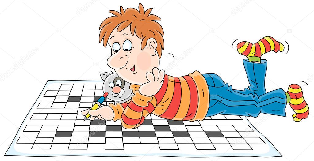 Funny guy lying on the floor with his cat and solving a big crossword puzzle, vector cartoon illustration on a white background