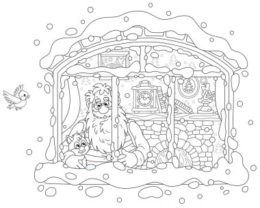 Yaşlı iyi sihirbaz ve küçük kediciği eski köydeki evlerinin penceresinden bakan karlı ve soğuk bir kış gününde bir peri masalından, siyah ve beyaz vektör karikatür çizimi