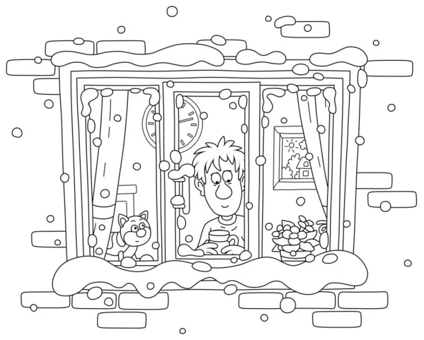 Веселый Мальчик Своей Забавной Кошкой Пьет Горячий Чай Смотрит Снежного — стоковый вектор
