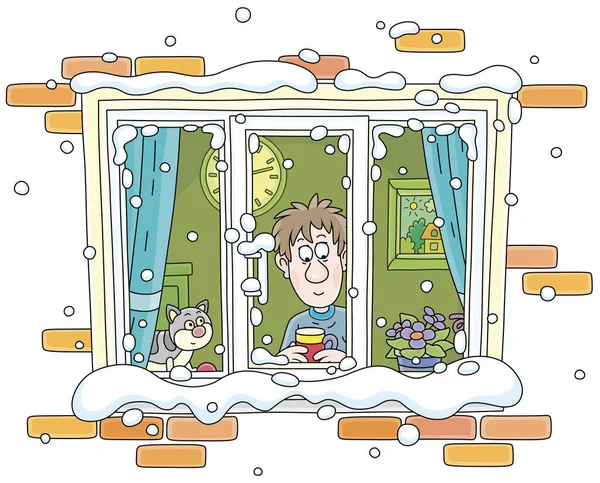 Веселий Хлопчик Своїм Кумедним Котом Гарячий Чай Дивлячись Сніжного Вікна — стоковий вектор
