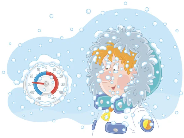 在寒冷多雪的冬日 穿着保暖的冬衣 头戴风帽 望着圆窗温度计的小男孩 白色背景上的矢量卡通画 — 图库矢量图片