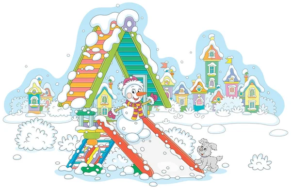 Καλά Παιχνίδι Χιονάνθρωπος Παίζει Ένα Χαριτωμένο Κουτάβι Ένα Πολύχρωμο Slide — Διανυσματικό Αρχείο