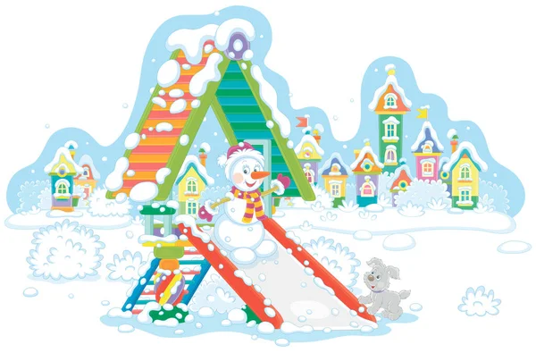 Merry Toy Snowman Playing Cute Puppy Colorful Toy Slide Snow — Vettoriale Stock