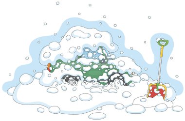 Soğuk bir kış gününde karlı küçük bir araba ve kar küreği, beyaz bir arka planda izole edilmiş vektör karikatür çizimi.