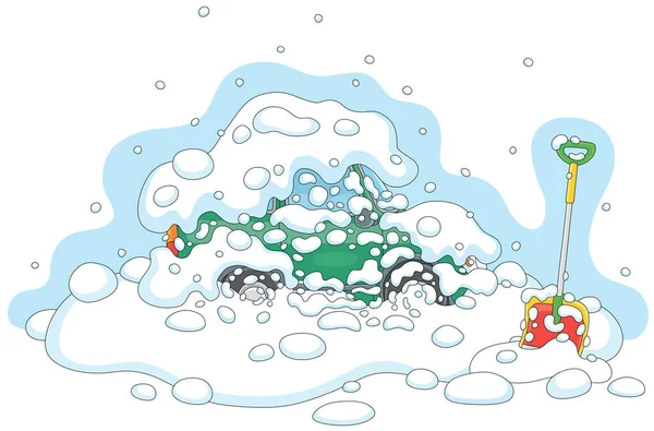 寒い冬の日に大きな雪のドリフトで雪に覆われた小さな車と雪のシャベル 白い背景に隔離されたベクトル漫画のイラスト — ストックベクタ