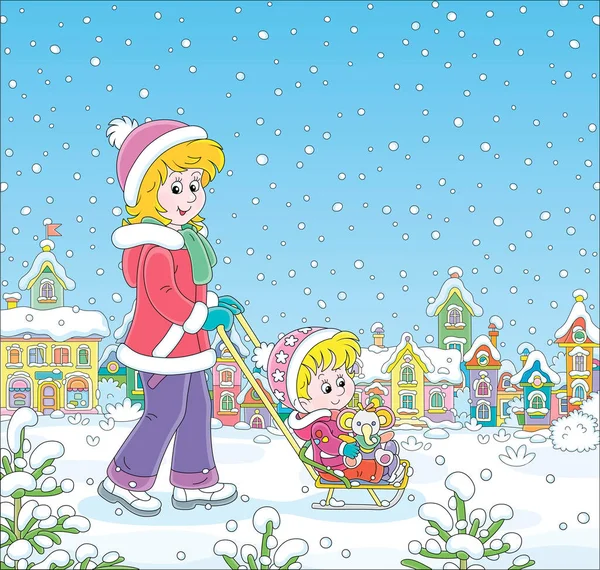 若いですかわいいお母さんそり彼女の幸せな小さな娘とともに面白いおもちゃの象雪で覆われた通りのかなり小さな町で雪の冬の日 ベクトル漫画のイラスト — ストックベクタ