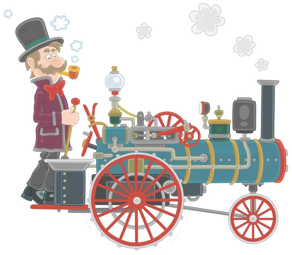 Vintage Steam Car Funny Smoking Driver Retro Top Hat Vector — Stock Vector