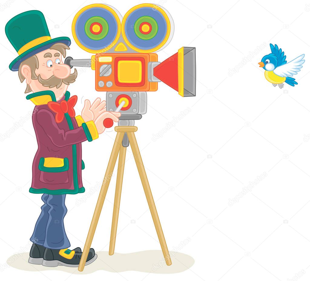 Retro filmmaker in a top hat with his old camera making a film with a flying small bird, vector cartoon illustration isolated on a white background