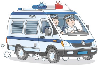 Devriye sırasında görevli iki polis memurunun olduğu polis arabası, beyaz bir arkaplanda izole edilmiş vektör karikatür çizimi