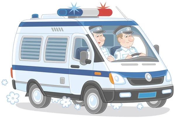 Police Car Two Duty Officer Policemen Uniform Patrol Vector Cartoon — Vetor de Stock