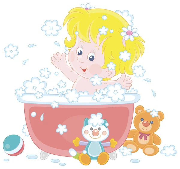幸せな女の子は泡風呂で遊んで おもちゃで自宅のバスルームで泡で水しぶき ベクトル漫画イラストは白い背景に隔離されました — ストックベクタ