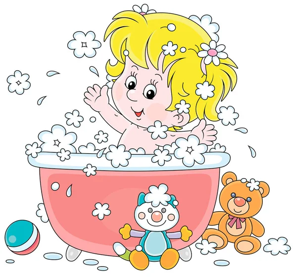 幸せな女の子は泡風呂で遊んで おもちゃで自宅のバスルームで泡で水しぶき ベクトル漫画イラストは白い背景に隔離されました — ストックベクタ