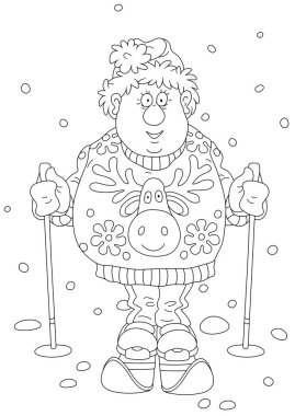 Noel Baba şapkalı komik sporcu kayakçı ve Noel süveteri ile kış eğitiminde parktaki kayakları ve direkleriyle, bir boyama kitabı sayfası için siyah beyaz çizgili vektör çizimi