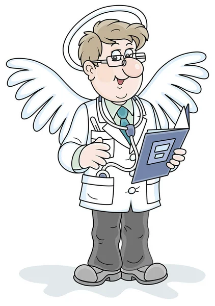 Doctor Guardian Angel Halo White Wings Holding His Folder Patient — Stock Vector