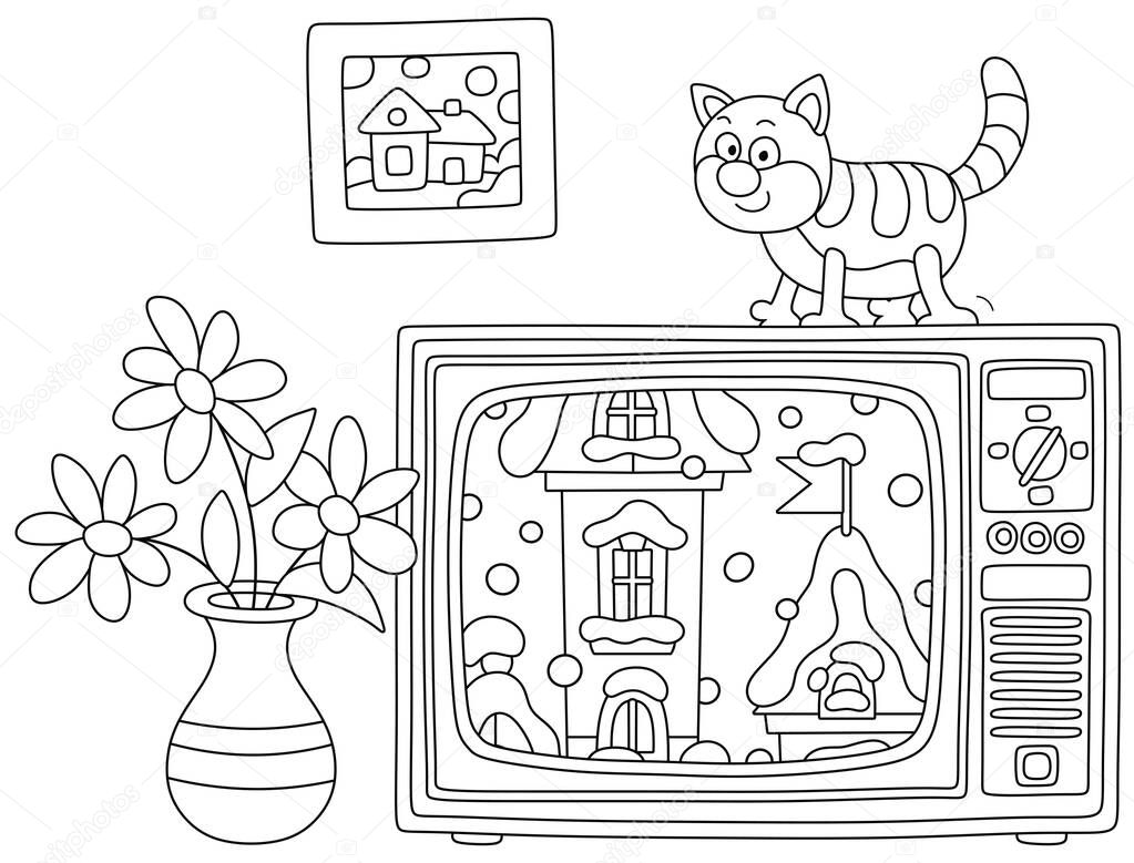 Field flowers in a vase and a funny striped cat on a retro TV set, black and white outline vector cartoon illustration for a coloring book page
