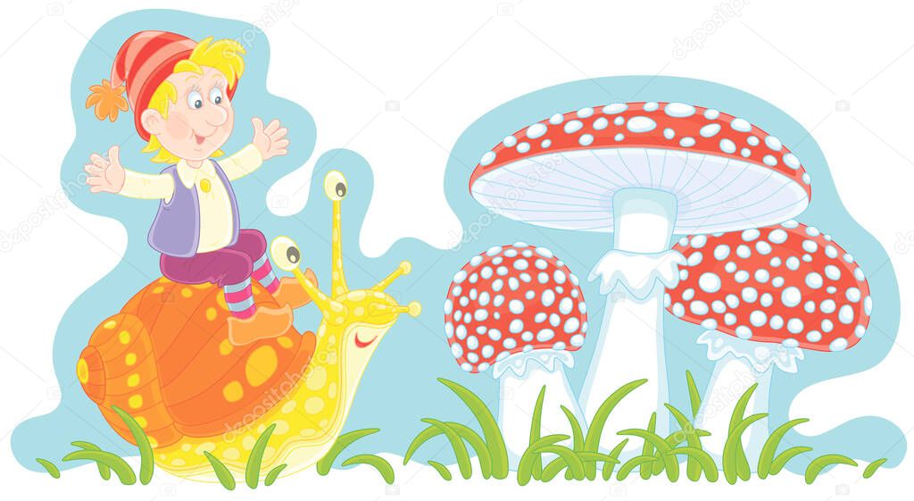 Merry little boy riding on a funny garden snail and big red fly agarics among green grass on a forest glade, vector cartoon illustration isolated on a white background