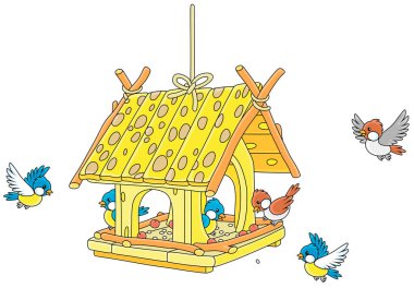 Merry small sparrows and titmice flying around a fancy birdfeeder hanging on a branch, vector cartoon illustration isolated on a white background