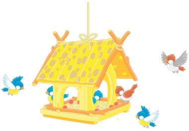 Merry small sparrows and titmice flying around a fancy birdfeeder hanging on a branch, vector cartoon illustration isolated on a white background