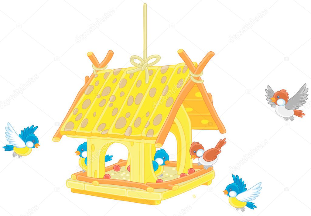 Merry small sparrows and titmice flying around a fancy birdfeeder hanging on a branch, vector cartoon illustration isolated on a white background
