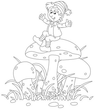 Merry little gnome sitting on a big mushroom and waving his hands in greeting among grass on a summer forest glade, black and white outline vector cartoon illustration for a coloring book page