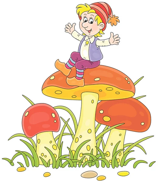 Merry Little Gnome Sitting Big Mushroom Waving His Hands Greeting — Stock Vector