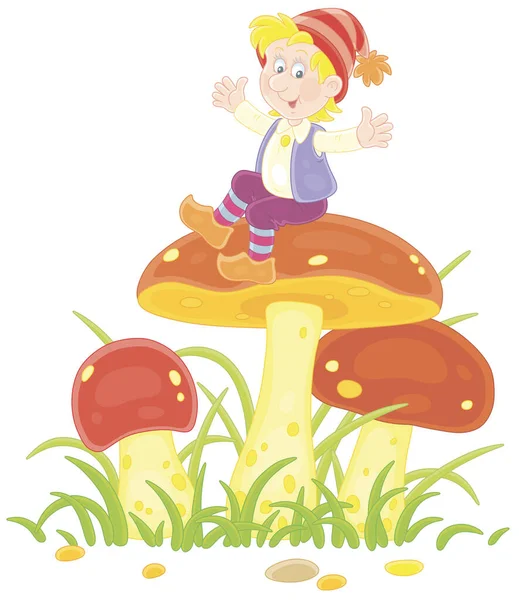 Merry Little Gnome Sitting Big Mushroom Waving His Hands Greeting — Stock Vector