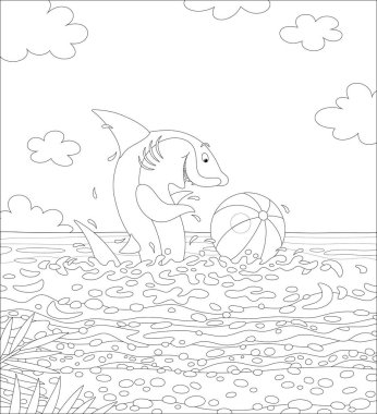 Funny great white shark jumping out of water and playing a big striped ball on a summer beach in a tropical sea, black and white outline vector cartoon illustration for a coloring book page