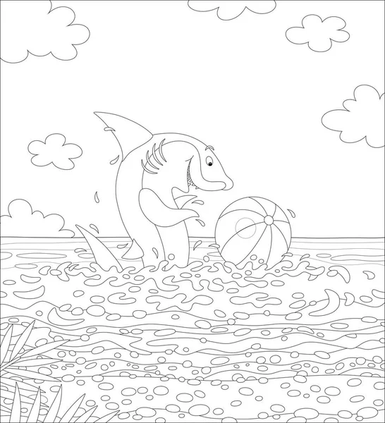 面白い大きな白いサメは水から飛び降り 熱帯の海で夏のビーチで大きな縞模様のボールを再生し 黒と白のアウトラインベクトル漫画のイラストのための着色本のページ — ストックベクタ