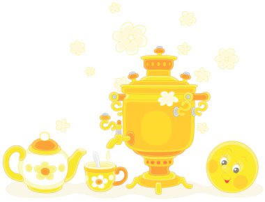 Freshly backed happy round loaf and an old samovar with boiling water in clouds of steam with a teapot and a cup for a traditional tea party, vector cartoon illustration on a white background clipart