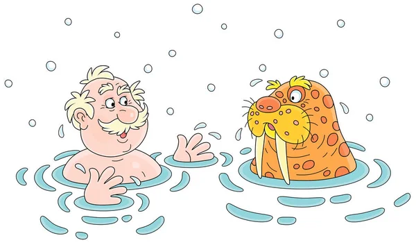 Funny Sportsman Winter Swimmer Together Big Mustached Walrus Cold Water — Vector de stoc