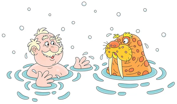 Funny Sportsman Winter Swimmer Together Big Mustached Walrus Cold Water — Wektor stockowy