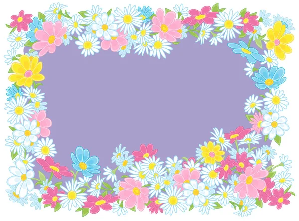 Festive Cartoony Frame Border Decorated Colorful Spring Summer Garden Flowers — стоковый вектор
