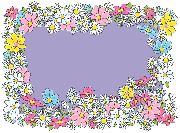 Festive Cartoony Frame Border Decorated Colorful Spring Summer Garden Flowers — Vetor de Stock