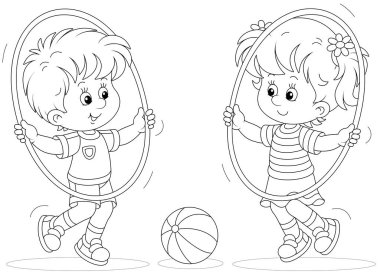 Cheerful cute little kids playing and fun spinning hoops in a gymnastic lesson, black and white outline vector cartoon illustration for a coloring book page