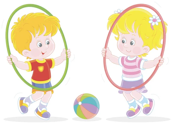 Veselé Roztomilé Malé Děti Pestré Sportovní Oblečení Hraní Zábava Spinning — Stockový vektor