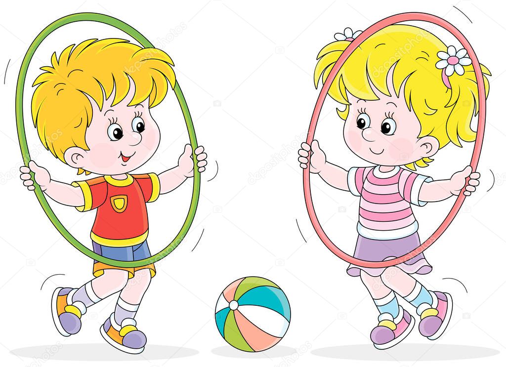 Cheerful cute little kids in colorful sport clothes playing and fun spinning hoops in a gymnastic lesson, vector cartoon illustration isolated on a white background