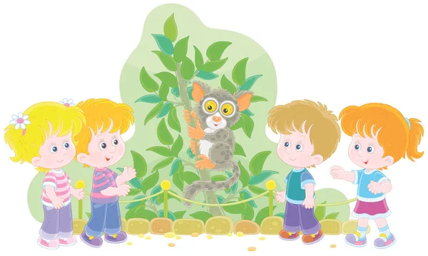 Glückliche Kleine Kinder Die Einem Zoologischen Garten Spazieren Gehen Und — Stockvektor